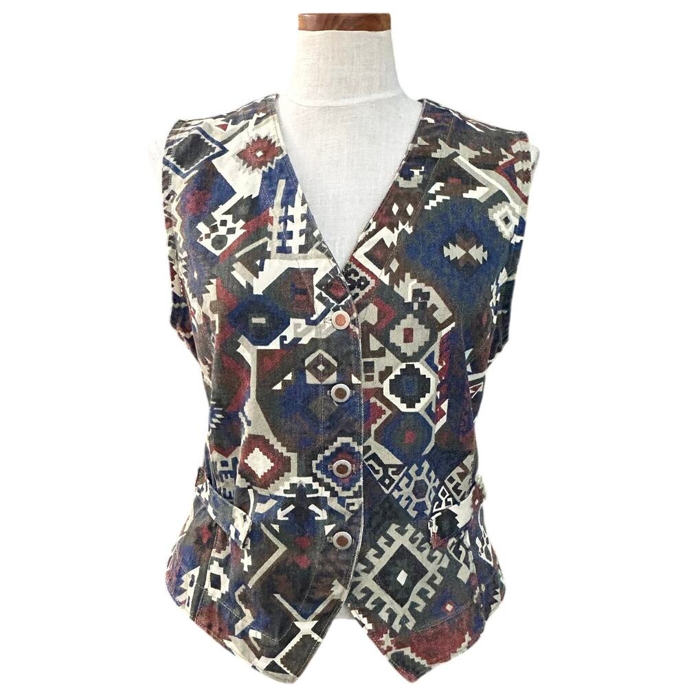 Vtg 90s Gotcha Covered Southwest Geometric Print Denim Vest M Cotton USA Western